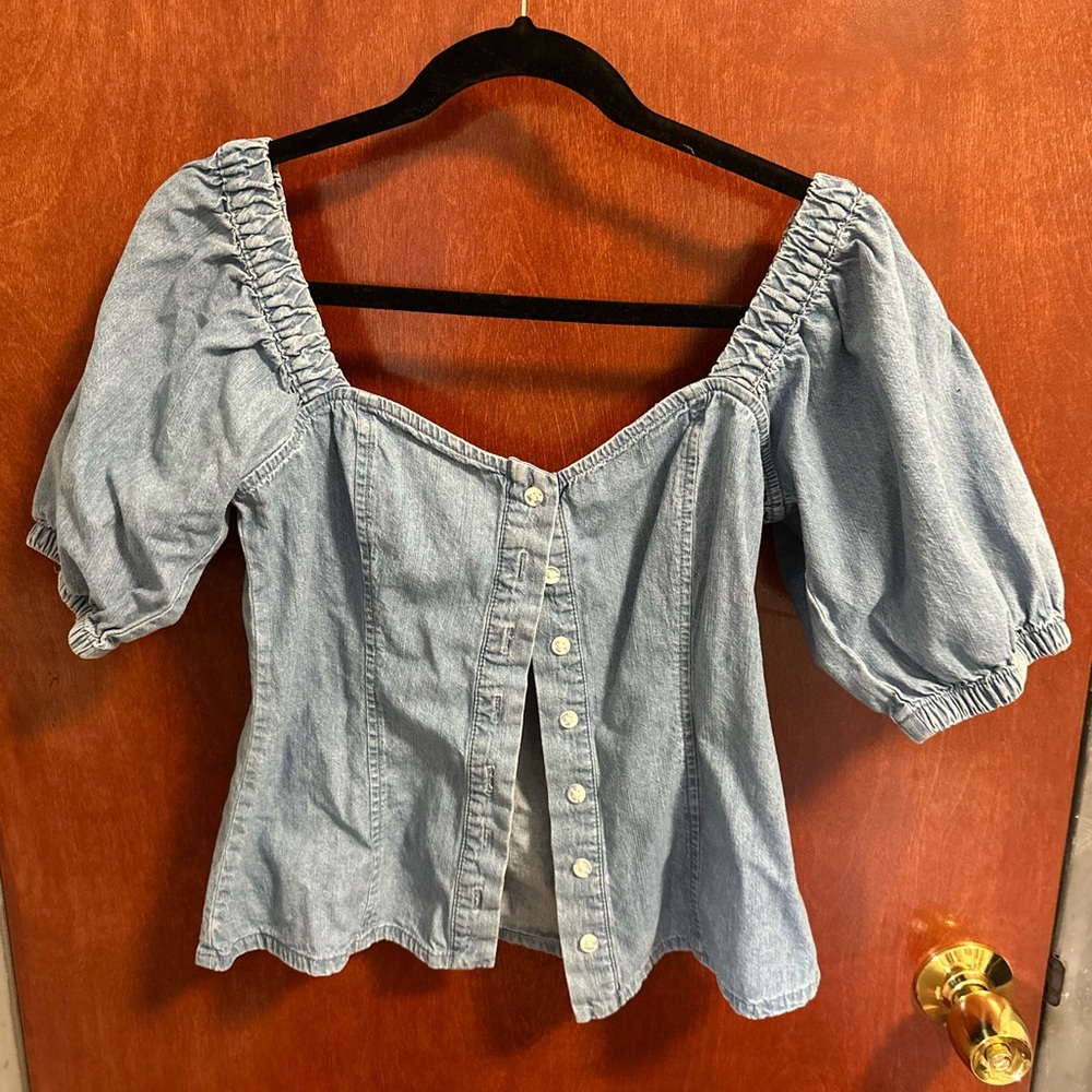 Denim&Co Light Blue Puff Sleeve Blouse